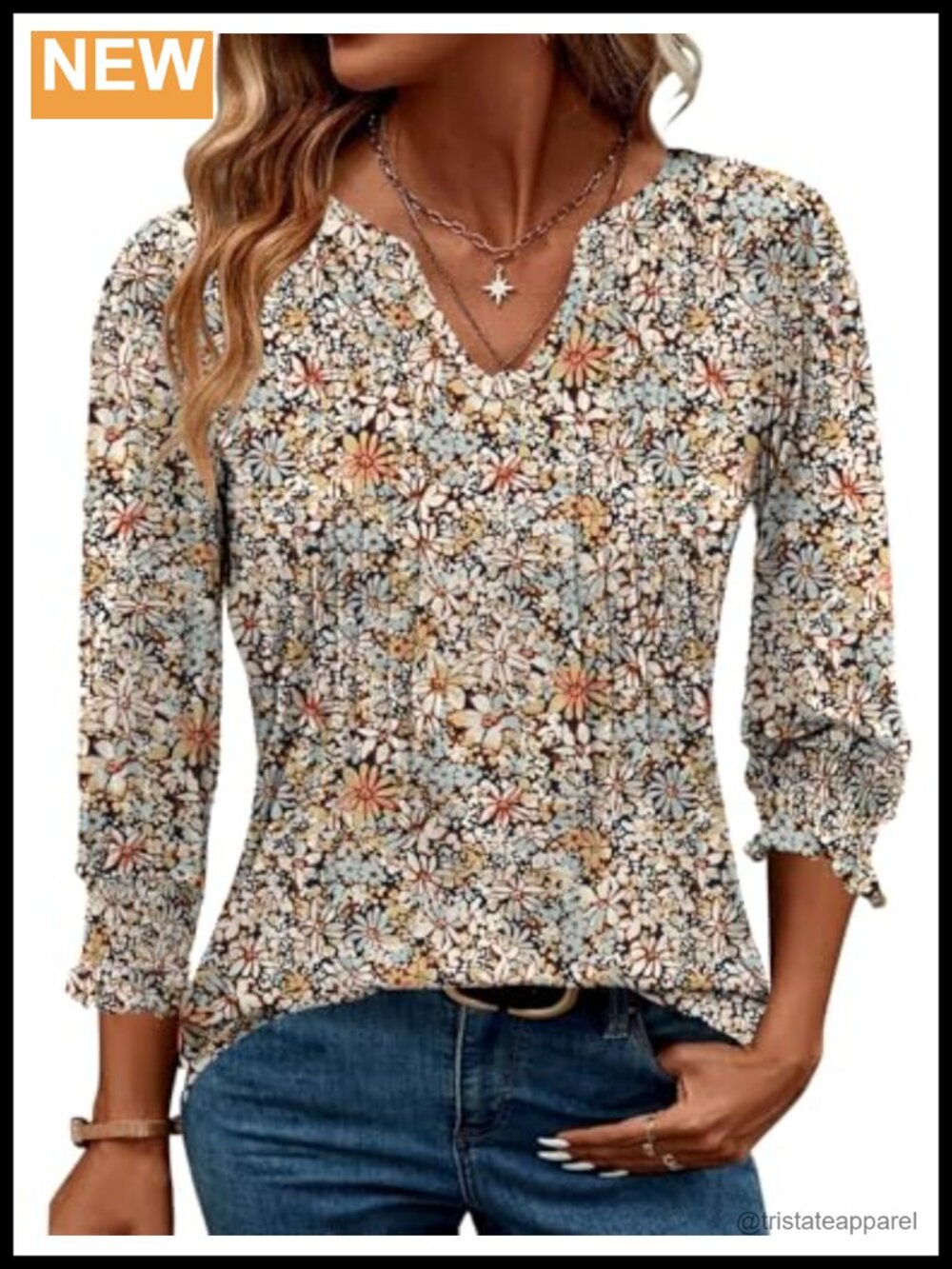 Womens V Neck 3/4 Sleeve Pleated Blouse Business Casual Tunic Top